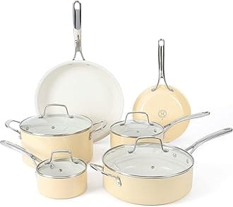Lockton Premium Nonstick PFA Free Ceramic Interior 10 Piece Enamel Heavy Gauge Aluminum Pots and Pans Cookware Set - Butter Cream