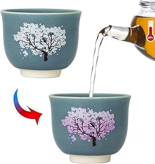 Heat Changing Sensitive Cherry Blossoms Tea Cup, Japanese Style Color Changing Coffee Mug, Unique Magic Coffee Tea Cup for Gift Valentines 4.4 oz/130ml (Blue)