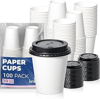 Fit Meal Prep 100 Pack 10 oz Disposable Coffee Cups with Lids, Premium Paper To Go Cups for Hot/Cold Beverages, Leak Proof Travel Cups for Cold/Hot Beverage, Office (Black Lids)