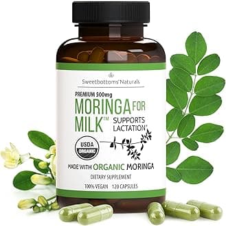 Lactation Supplement - Organic Moringa Capsules for Breastfeeding Support to Increase Breastmilk Supply (120 ct) Pure Malunggay Leaf Powder for Milk Production Booster & Postnatal Vitamins A E K 500mg