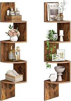 HOOBRO Corner Floating Shelves for Living Room, Wooden Corner Wall Shelf Set of 2, Wall Mounted Floating Shelf, Industrial Wall Shelves for Bedroom, Bathroom, Zigzag Design, Rustic Brown EBF25BJP201