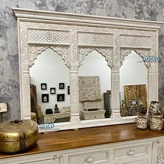 Wooden Mirror Frame for Wall Decoration | Wall Mirror for Bedroom | Antique Mirror Full Length |, Wall Mount| Mango Wood (Wthout Mirror) White Distressed 5x3 FT