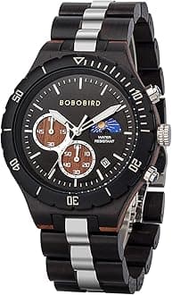BOBO BIRD Mens Quartz Wooden Watches Stainless Steel Red Sandalwood Alloy Wood Watch for Male Classic Function Wristwatch Chronograph Luminous Hands Day and Night Date Display