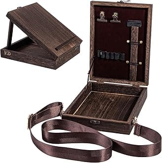 Useekoo Writers Messenger Wooden Box with Hinged Lid Front Clasp,9.8"x7.5"x2.4", Multifunctional Retro Handmade Portable Artist Tool Storage Postman Sketch Art Easel for Painting, Gift Giving, Brown