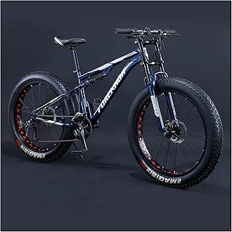 Mountain Bikes Men 26 Inch Adult Fat Tyre Mountain Bike with Full Suspension, High-carbon Steel Large Frame Dual Disc Brake Giant Bicycle,Blue Spoke,24 Speed