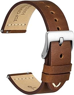 WOCCI 21mm Old-fashioned Watch Band for Men, Top Grain Leather, Silver Brushed Buckle (Caramel Brown)