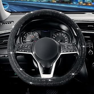 SEG Direct Diamond Flat Bottom Steering Wheel Cover, D Shaped Car Wheel Cover 37-39cm, Bling Sparkly Rhinestones, Black with Black Diamond