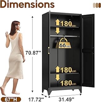 UNICOLY Armoire Wardrobe Closet with Doors, 71'' Wardrobe Cabinet with Hanging Rod, Metal Closet with 2 Adjustable Shelves for Bedroom School, Employee, Gym, Armarios De Ropa para Dormitorio, Black