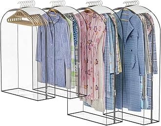 Upgraded Thickened Clear Garment Bags for Hanging Clothes 4 Packs (40 & 50 inch), 10“ Gusseted Clothes Hanging Storage Bags for Closet, Shirts, Coats, Dresses