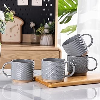 12OZ Stackable Coffee Mugs, Ceramic Coffee Mugs with Texture Patterns for Man,Woman,Dad,Mom, Modern Coffee Cups Set of 4 for Latte/Cappuccino/Cocoa. Dishwasher&Microwave Safe, Gray