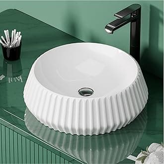 BASSINO 16x16x5.5 Inches Round Designer Ceramic Wash Basin/10 Years Glazing Warranty/White Fluted Table Top-Above Counter Basin for Modern Bathroom Vanity, Hotel, Restaurants/Stylish Sink Bowl(Glossy)