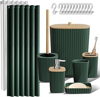 Clara Clark Bathroom Accessories Set - Bathroom Accessory Set with Shower Curtain Set, Toilet Brush, Trash Can & Soap Dispenser (Hunter Green, Complete Set)