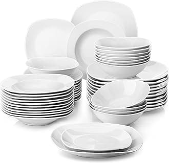 MALACASA, Series Elisa, 48-Piece Dinner Sets Ivory White Porcelain Dinnerware Set with 12-Piece Bowls/Dinner Plates/Dessert Plates/Deep Dinner Plates