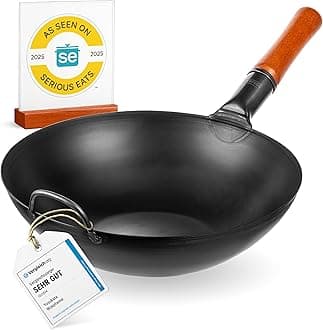 YOSUKATA 34 cm Carbon Steel Wok Pan – Pre-Seasoned Flat Bottom Pow Wok for Stir Fry, BBQ, Grill & Camping – Traditional Japanese & Chinese Cookware – Compatible with Induction, Electric, Gas Open Fire