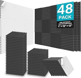 JBER 48 Pack Acoustic Foam Panels, 1" X 12" X 12" Studio Soundproofing Wedges Fire Resistant Sound Proof Padding Acoustic Treatment Foam - Black