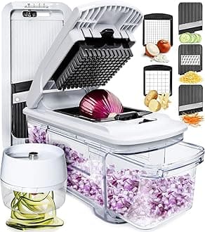 Fullstar All-in-1 Vegetable Chopper, Mandoline Slicer & Cheese Grater - French Fry Cutter & Veggie Dicer - Cheese Slicer - Includes Bonus Handheld Spiralizer (6 in 1, Black/White)