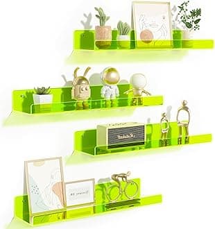 upsimples 4 Pack Acrylic Shelves for Wall Storage, 15" Floating Bookshelves for Kids, Display Shelf Organizer for Bathroom, Bedroom, Living Room, Kitchen, Room Decor, Clear Fluorescent Green