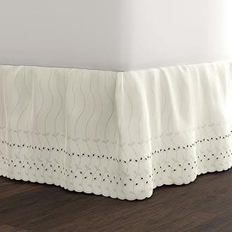 FRESH IDEAS Ideas Ruffled Eyelet Bed Skirt Dust Ruffle with Gathered Styling and Embroidered Details, 14" Drop Length, Queen, Ivory