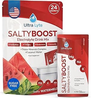 Ultra Lyte Electrolytes Drink Mix - Sugar-Free Salty Watermelon Powder - 24 Sachets with High Sodium, Trace Minerals, and Coconut Water - Hydration for Exercise, Rehydration, and Recovery