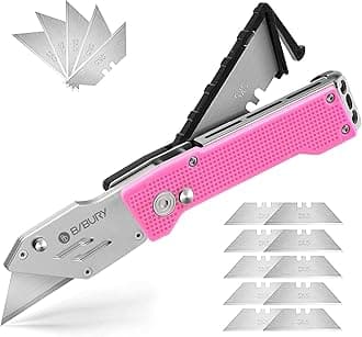 BIBURY Utility Knife, Folding Pocket Box Cutter Heavy Duty Retractable Carpet Cutter Knife, Quick Change Blades, Lightweight Aluminum Body with 15 Extra Blades, Belt Clip and Blade Storage Design