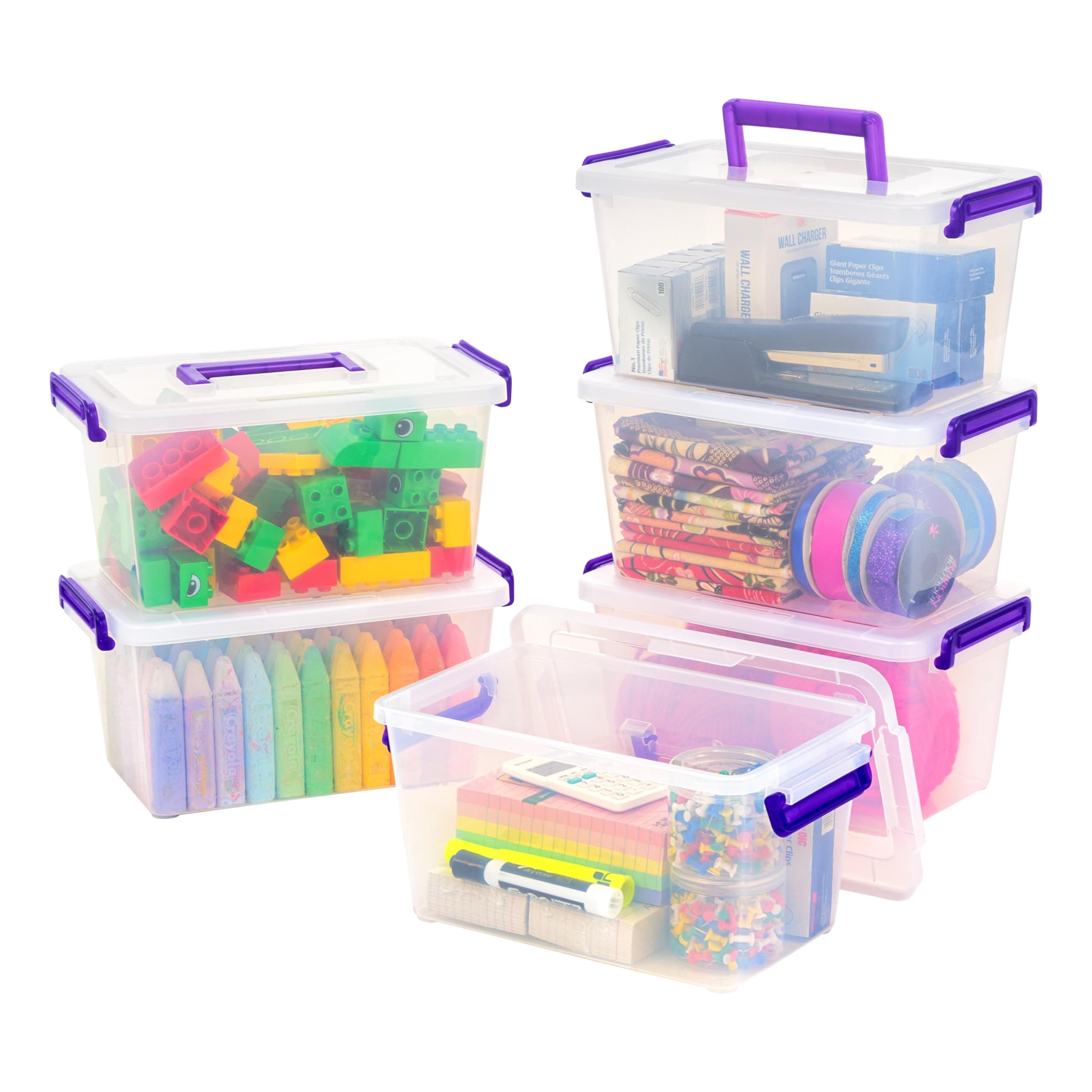 Iris OhyamaUSA 6Pack 5.4qt Stackable Storage Bin with Secure Buckle-up Lid, Clear/Violet