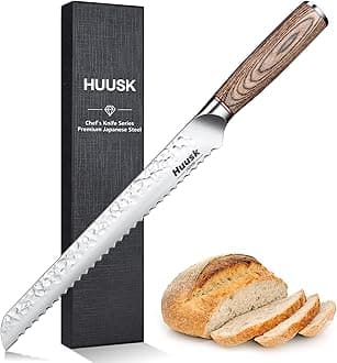 Huusk Bread Knife 10-Inch Japan Professional High Carbon Steel Hand Forged Ultra Sharp Serrated Knives Wide Wavy Edge Bread Slicing Knife for Homemade Sourdough Cake Father's Day Christmas Gift