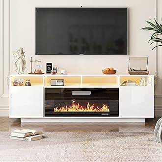 TABU 70" TV Stand with 36" Electric Fireplace Heater, High Gloss Finished Modern Entertainment Center with LED Ambient Light, for TVs Up to 80", White