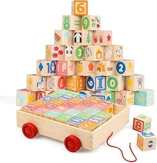 Joqutoys Wooden Building Blocks for Toddlers 1-3, Large Wood Baby Stacking Blocks Set for Kids, 30 PCS Alphabet Blocks with Toy Wagon, Educational Wooden Toys for Boys Girls Gifts 1.65"