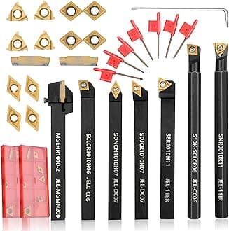 Indexable Lathe Turning Tool 14Pcs Kit 3/8'' 10mm Shank 7 Pcs Metal Lathe Tools Holder Set for Turning Grooving Threading Boring with 7 Pcs Carbide Inserts Turning Inserts Carbide Turning Tool