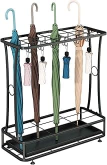 HUHJYUGE Metal Umbrella Holder Stand, Umbrella Stand Holder for Entryway, Umbrella Holder with Removable Drip Tray and Hooks, Industrial Free Standing Umbrella Rack Organizer (21 Slots 24 Hooks)
