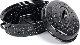 14.6 Inch Roasting Pan with Lid - Covered Oval Roaster - Enamel Carbon Steel Roaster Pot - Excellent Heat Distribution and Non-sticky - for Turkey Chicken Meat & Vegetables -Birthday and Holiday gift