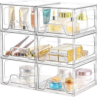 6 Pack Stackable Storage Drawers, Acrylic Bathroom Makeup Organizer and Storage,Clear Plastic Pull Out Drawers for Vanity, Undersink, Kitchen Cabinet, Pantry Organization and Storage