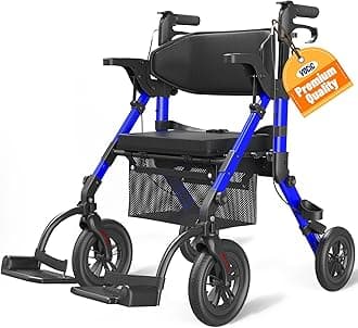 Transport-Wheelchair-Lightweight-Foldable, Walker Wheelchair Combo, Rollator-Walkers-for-Seniors-with-Seat, 2 in 1 Rolling Walker, 300lb Adults 4 Wheel Transport Chair w/Brakes & Pouch-FSA HSA