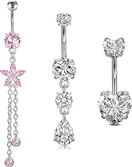 LAURITAMI14G Dangle Belly Button Rings - Surgical Steel Silver and Rose Gold CZ Piercing Jewelry for Women