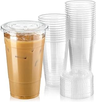 Fit Meal Prep [50 Pack] 24 oz BPA Free Clear Plastic Cups With Flat Slotted Lids for Iced Cold Drinks Coffee Tea Smoothie Bubble Boba, Disposable, Extra Large Size
