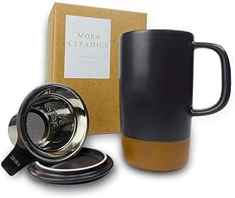 Mora Ceramics Large Tea Mug with Loose Leaf Infuser and Ceramic Lid, 18 oz, Portable, Microwave, Dishwasher Safe, Tall Coffee Cup - Rustic Matte Ceramic Glaze, Modern Herbal Tea Strainer, Nightwaves
