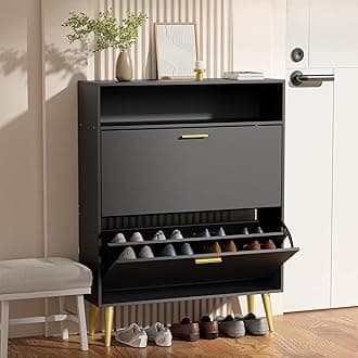 JOZZBY Shoe Cabinet for Entryway, Narrow Shoe Storage Cabinet with 2 Flip Drawers, Freestanding Hidden Shoe Rack Storage with Open Shelves for Hallway, Living Room