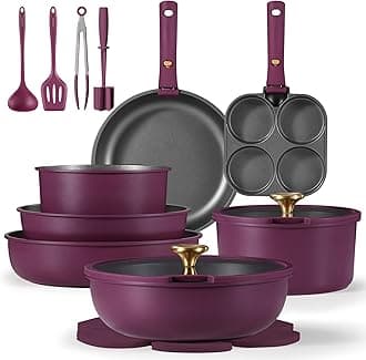 19pcs Pots and Pans Set, Nonstick Cookware Set Detachable Handle, Induction Kitchen Cookware Sets Non Stick with Removable Handle, RV Cookware Set, Gold and Purple