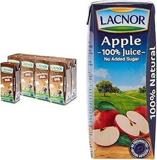 Lacnor Essentials Chocolate Milk, 100% Natural, Rich in Vitamin and Calcium, 28% Reduced Sugar, 180 ML Pack of 8 & Essentials Apple Juice - 180 ML X 8