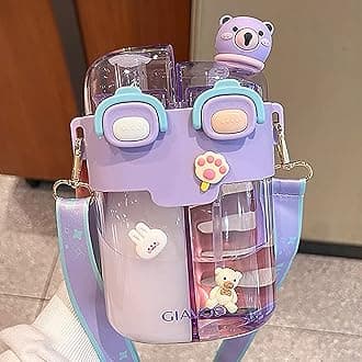 TIAASTAP Cute Water Bottle with Straw - Kawaii Kids Water Bottle with Strap, Portable Plastic Water Bottle Aesthetic Water Bottle for Girls Boys with Stickers for School, Travel, Sports, Outdoor