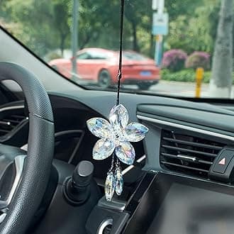 ATMOMO Crystal Flower Car Rear View Mirror Pendant Car Hanging Ornament Lucky Car Accessories (Colorful Green)