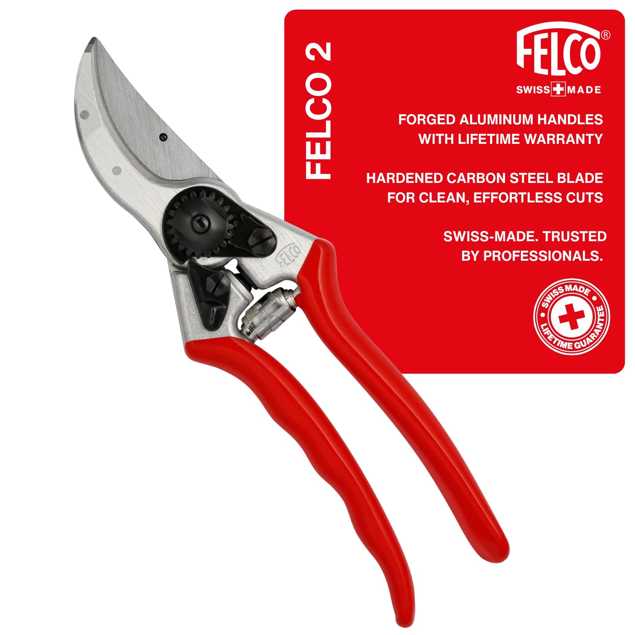 FELCO 2 Pruning Secateurs – 25 mm Cutting Diameter, for Large Hands, 215 mm Length, with Sap Groove, Straight Handles, Red