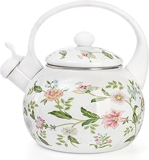 2.3 Quart Vintage Enamel Tea Kettle, Whistling Tea Kettle for Stove Top, Floral Enamel on Steel Teakettle Teapot for Home Kitchen Camping, Gift for Wedding Housewarming Thanksgiving Christmas