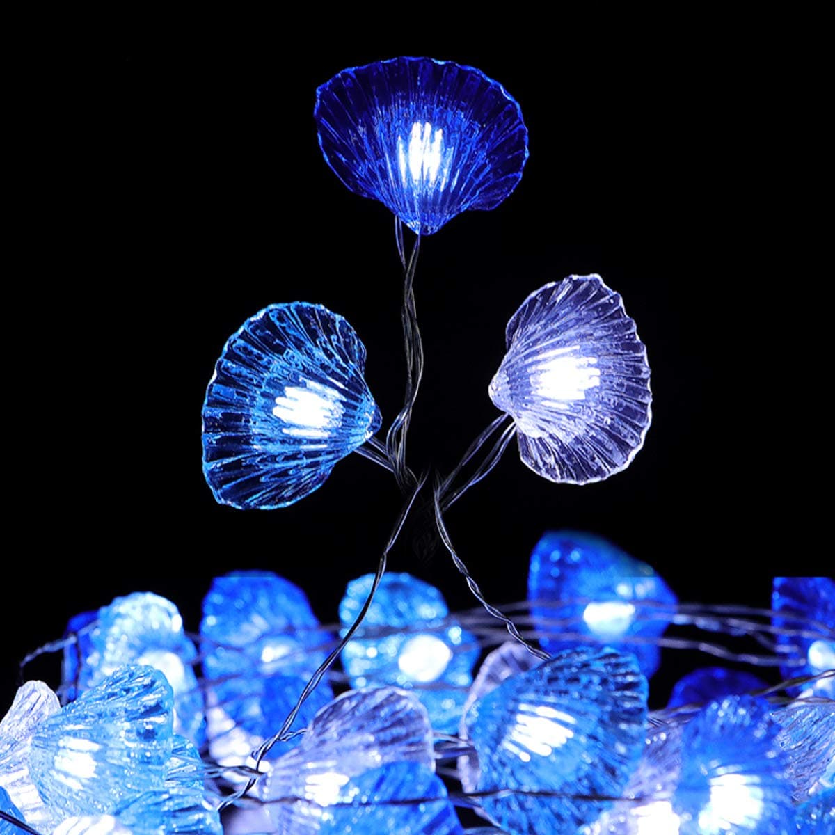 WSgift Beach Seashell String Lights, 18.7 Ft 40 LED USB Plug-in Copper Wire Beach Theme Shell Lights for Various Decoration Projects (Cool White, Remote Control with Timer)