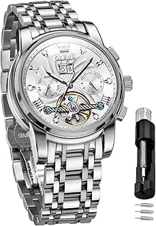 OLEVS Mens Watch Automatic Mechanical Tourbillon Self Winding Luxury Stainless Steel Waterproof Luminous Date Wrist Watch