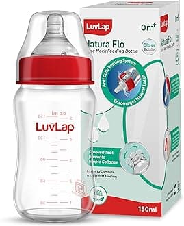 LuvLap Natura Flo Wide Neck Glass Feeding Bottle, New Born/Infants/Toddler Upto 3 Years, BPA Free, Ergonomic Shape is Easy to Hold, with Anti Colic Nipple, 150ml