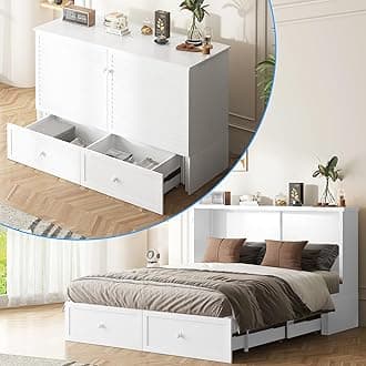 PUREMIND Queen Murphy Bed Cabinet with Mattress Included, Murphy Chest Bed with 2 Storage Drawers, Murphys Cabinet Beds with USB Charging Station and Headboard, Wallbed for Bedroom, Guest Room