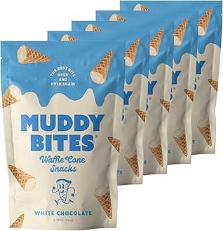 Muddy Bites Waffle Cone Snacks Bite Sized Chocolate Filled Waffle Cones for Snack or Dessert, Ice Cream Topping, Premium Chocolate made with Pure Cane Sugar, Kosher (White Chocolate, 5 Bags)