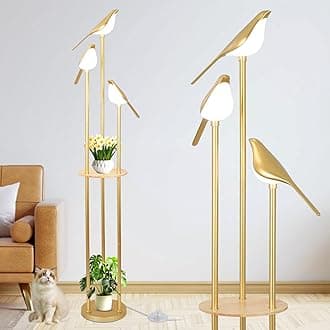 Artmooy Golden Living Room Floor Lamp with Shelves - Mid Century Modern Floor Lamp with 3 Adjustable Led Bird Lights, High Corner Lamp with Table, Stand