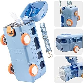 PLUSPOINT Bus Shape Water Bottle for Kids Detachable Straw with Shoulder Strap Leak-Proof Cartoon Water Bottle with Wheels (Color-Blue), Silicone, 500 ML